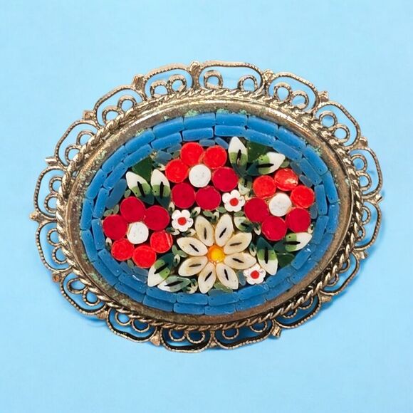 Italian Vintage Micro Mosaic Glass Floral Brooch Pin Silver Tone Filigree Border - Picture 7 of 10